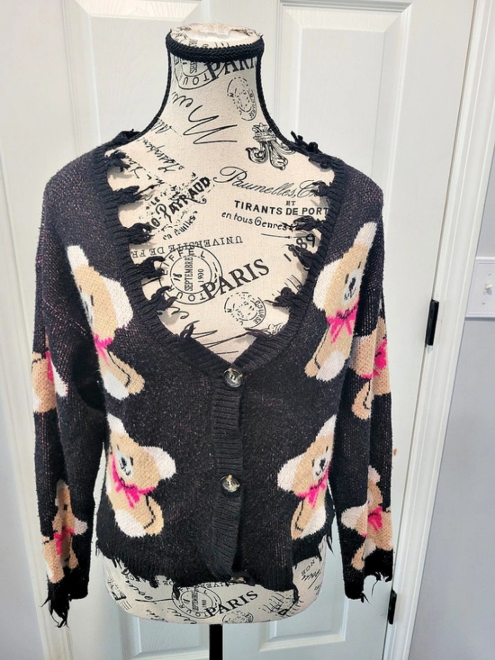 Trendy Threads Teddy Bear Cardigan Black & Pink Size Small